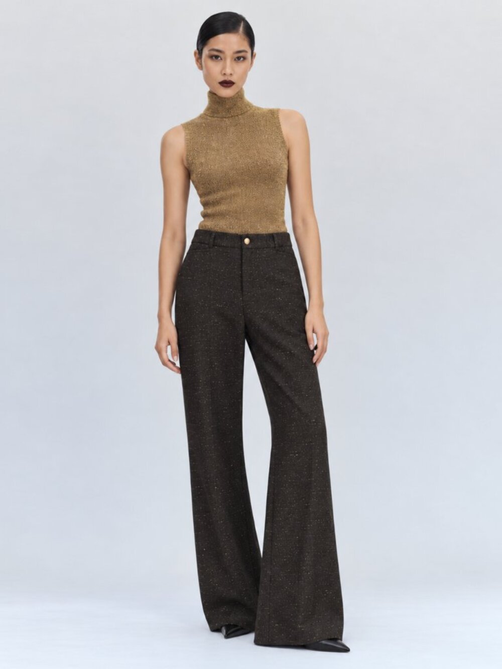 B.R. Viscose Wool Gold Lurex Wide Leg Dark Brown Pants Fully Lined Size 2 Y2K